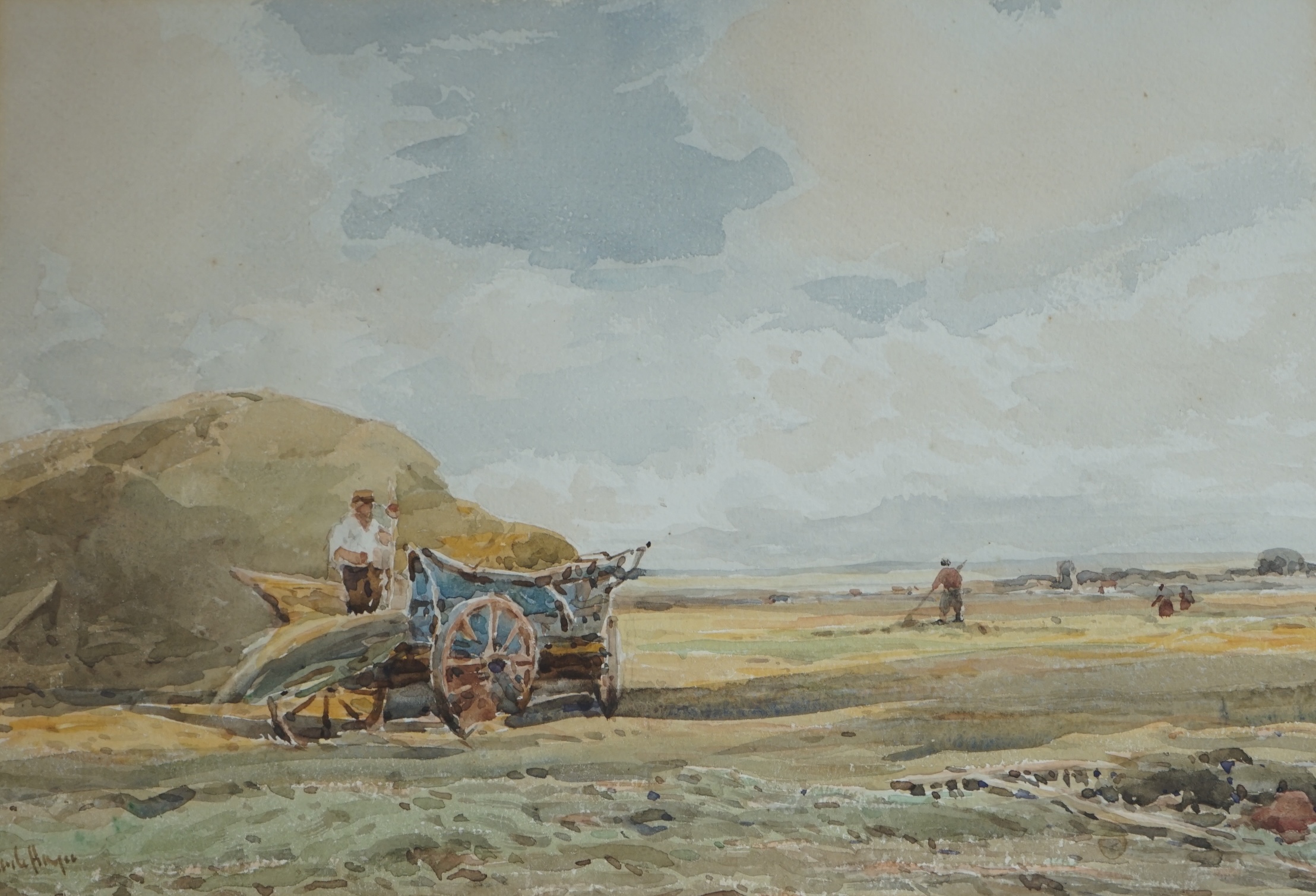 Claude Hayes (1852-1922), two watercolours, 'Haymaking, Norfolk' and 'Cornfield near Bredon, Worcestershire', each signed, 24 x 34cm, gilt framed. Condition - poor to fair, some staining and foxing